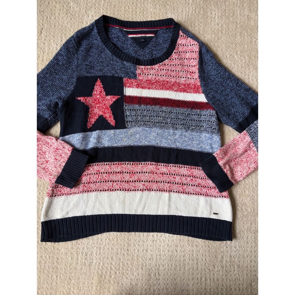 Tommy Hilfiger Sweater L Blue Red American Flag Americana Heritage Retro